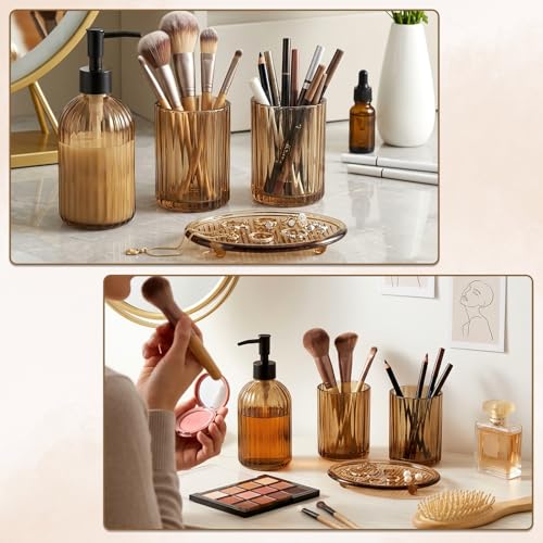 Topsky 4 Pcs Glass Bathroom Accessories Set,13.5oz Liquid Hand Soap Dispenser with Toothbrush Holder,Mouthwash Cup,Soap Dish for Bathroom Countertop,Colored Vertical Stripe Design,Heavy Weight,Amber