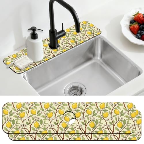 2 Pcs Kitchen Sink Splash Guard Faucet Mat Lemon Tree Pattern Faucet Mat for Sinks Flower Absorbing Drying Mats for Kitchen Bathroom - color: Lemon Tree Pattern