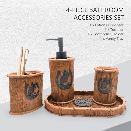 Bathroom Accessory Sets 4PCS Bathroom Accessories Set Complete Western Rustic Horseshoes Decoration Includes Lotion Dispenser Toothbrush Holder Tumbler Cup & Vanity Tray - color: Brown, size: Tray