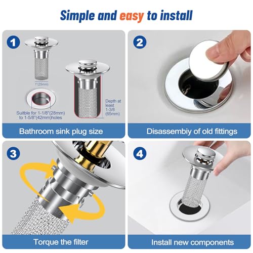 Vakabiu 2024 New Pop Up Bathroom Sink Drain Strainer Hair Catcher, Sink Drain Stopper with Removable Stainless Steel Filter Basket,for US Bathroom Sink Stopper Replacement (2PCS)