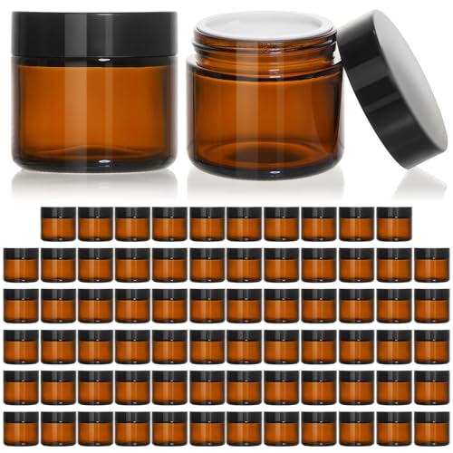 KEYWING 2oz Small Glass Jars with Black Lids, 70 Pack Amber Glass Cosmetic Jars, Round Empty Sample Container with Inner Liners for Lotions, Cream, Powders and Ointments - color: Amber, size: 2oz-70Pack