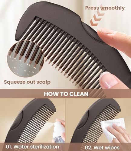 Dandruff Comb Removal 2PC Hollow Fine Tooth Scalp Detox Hair Care Tool | Build Up Flake Lice Comb, 0.5 & 2mm Stainless Steel Teeth, Self Cleaning, Button Release, Scalp Massage Handle, Women Men Kid - color: 2PC Brown+Red