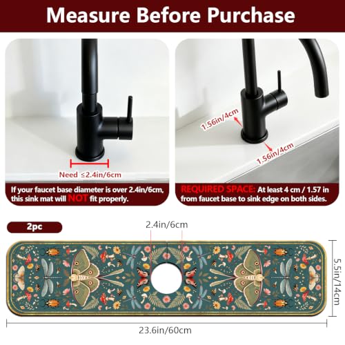 2 Pcs Kitchen Sink Splash Guard Faucet Mat Vintage Green Insects and Plants Faucet Mat for Sinks Absorbing Drying Mats for Kitchen Bathroom, 23.6x5.5inch - color: Insects and Plants