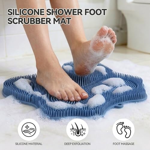 ozner Silicone Shower Foot Scrubber Mat,Back Washer Bath Wash Pad Exfoliating & Massage, Wall Mounted Slip Strong Suction Cups for Use in Cleaner Men and Women (Blue) - color: Blue
