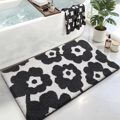 LUMI Bathroom Rugs Cute Floral Design, Soft Absorbent Microfiber Bath Mat Non-Slip, Machine Washable Quick Dry Luxury Rug Flower Black and White for Floor, Bathtub, Home Decor, 24"x43" - color: D-black Flower, size: 24"x43"
