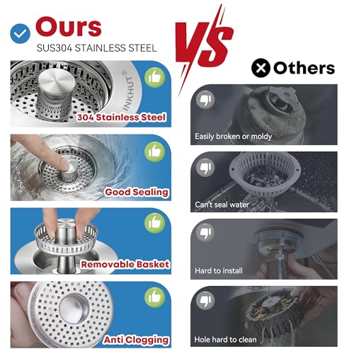 Upgraded 3 in 1 Kitchen Sink Drain Strainer - Stainless Steel Sink Stopper, Anti-Clogging Sink Food Catcher Basket, Fast Drainage Odor Filter Sink Plug for US Standard 3 1/2 inch Drain (Silver-2Pack) - color: Silver-2pack