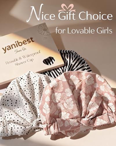 Yanibest Shower Cap for Women Reusable Waterproof, Adjustable Non-Slip Shower Hair Cap, Washable Bath Hat - color: White Dot