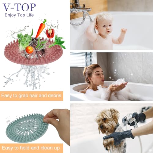 Shower Drain Hair Catcher Tub Stopper, V-TOP Drain Cover for Shower to Catcher Hair, Silicone Bathtub Drain Plug Suit for Bathroom Kitchen and Laundry, 4 Pack - color: 6" White & Gray & Green & Pink