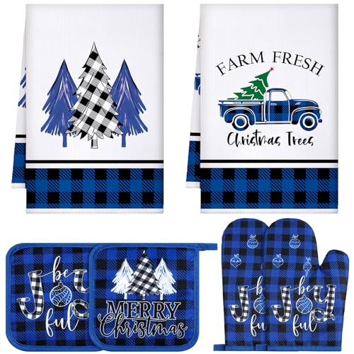 Leinuosen 6 Pieces Christmas Kitchen Set Dish Hand Towels Pot Holders and Oven Mitts Set Tea Towels Non Slip Heat Resistant Oven Gloves for Xmas Kitchen Cooking Baking Grilling(Xmas Tree)