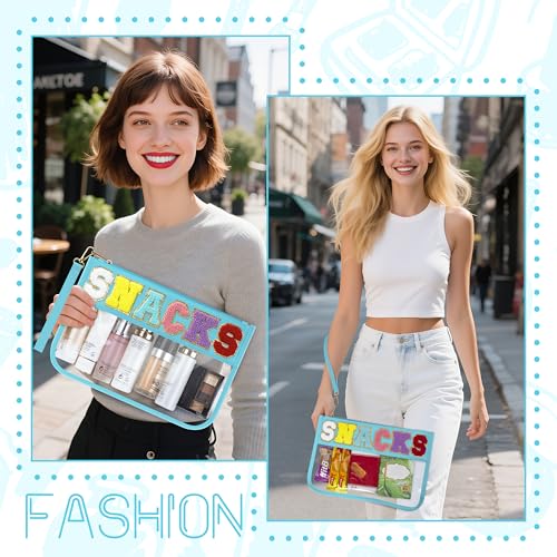 Snack Bag for Travel & Makeup - Clear Chenille Letter Zipper Pouch, Waterproof Cosmetic Tote Bag for Women & Girls (Blue) - color: Blue