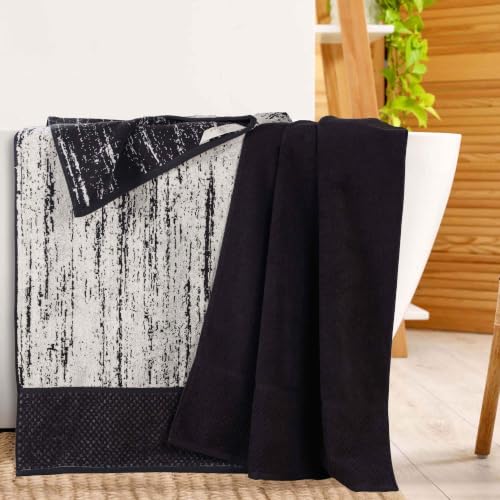 Superior Cotton Bathroom Towel Set, Plush Absorbent, 2 Piece, Black Ivory | Oversized Extra Large Size Towels, Quick Dry, Jacquard & Solid Pattern Assorted Towels, 2 Bath Sheets, Lodie Collection - color: Black-ivory, size: Bath Sheet 2 - Pack (Jacquard +