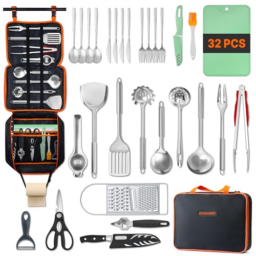Gaialoop Portable Camping Cooking Utensils Set, Camp Kitchen Set with Organizer Bag, RV Essentials Outdoor Cooking Utensil Kit for Travel, Picnics, Camping, BBQs, Parties - style: 32pcs