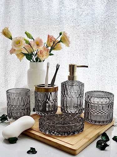LaMarriti Gray Bathroom Accessories Set, 5Pcs Glass Bathroom Set, Soap Dispenser and Toothbrush Holder Set, Soap Dish, Q-Tips Holder Set, Black and Gold Accent for Vintage Bathroom Decor - style: Grey black