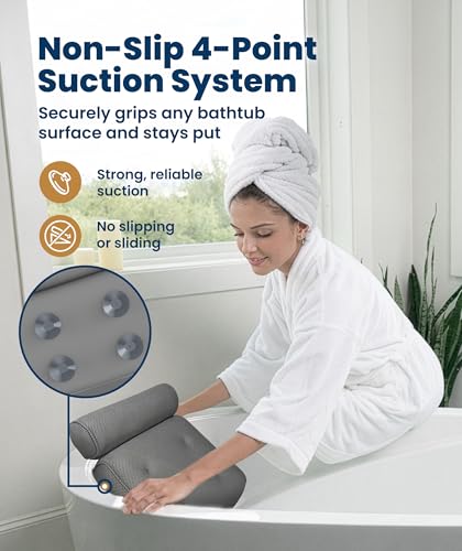 Everlasting Comfort Luxury Bath Pillow for Tub – Quick-Dry 4D Mesh – Gray | Head/Neck/Back Support, Non-Slip Suction Cups, Machine Washable, Drying Hook, Bath/Spa/Jacuzzi Essentials - color: Gray, size: Standard