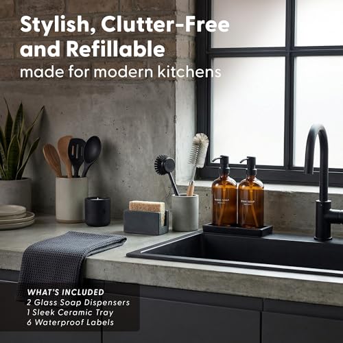 Maisonovo Kitchen Soap Dispenser Set - Hand and Dish Soap Dispenser Set with Amber Glass Soap Dispenser, Black Pumps & Ceramic Tray - color: Amber Bottles/ Black Pumps/ Black Ceramic Tray