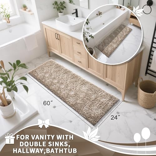 Yimobra Long Bathroom Rugs Runner 60x24 Inch, Extra Thick Soft Absorbent Chenille Bath Mat, Non Slip Machine Washable, Quick Dry Bath Rugs for Bathroom Floor, Tub and Shower, Camel - color: Camel, size: 60" X 24"