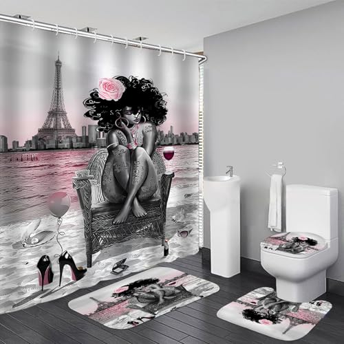 4Pcs Black Girls Bathroom Sets with Shower Curtain and Rugs, African Shower Curtain Set for Women, Eiffel Tower Pink Pattern Waterproof Fabric with 12 PCS Hooks, Cortina de baño Set completo - color: Pink