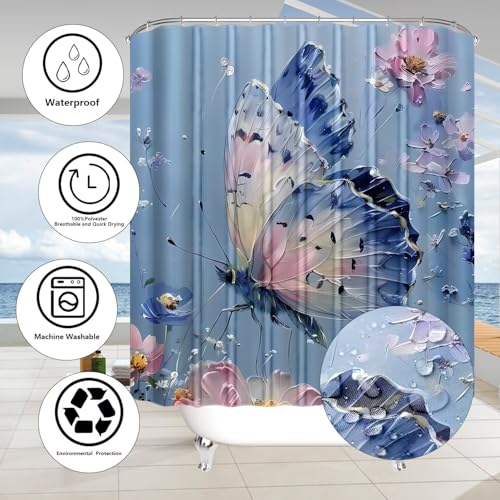 DDQQ 4Pcs Oil Painting Floral Shower Curtain Set Bathroom Sets Blue Butterfly Shower Curtain with 12 Hooks Bathroom Decor with Rugs Bath Accessories with Mats Toilet Lid Cover - color: Blue
