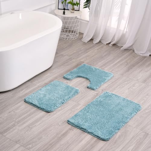 3 Pieces Luxury Bathroom Rug Set with U-Shaped Toilet Rug, Non-Slip Rubber Bottom, Thick Microfiber Fluffy Plush, Water absorption, Quick Dry, Ultra Soft, Bath Mats for Bathroom, Tub(Lake Blue) - color: Lake Blue