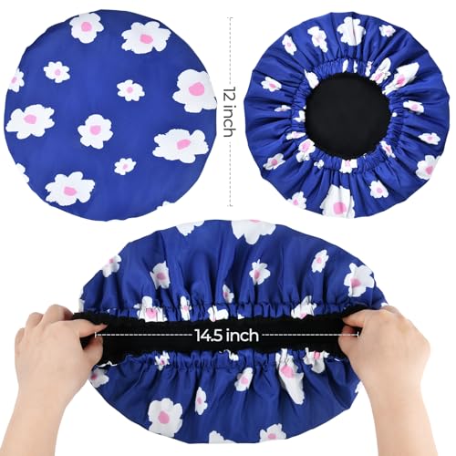 Shower Cap for Women Terry Lined Bath Cap Large Reusable Waterproof Elastic Band Blue Shower Caps for Long Thick Hair Soft Bath Shower Hair Caps - color: Blue Flowers