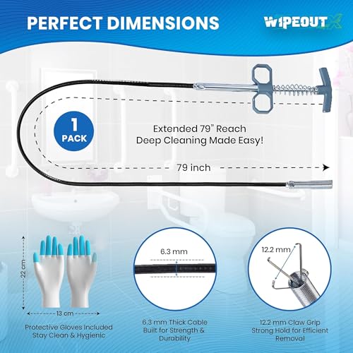 Drain Snake, 79 Inch Drain Clog Remover Tool with pair of Reusable Gloves – Flexible Grabber Claw Hair Drain Cleaner for Sink, Shower, Tub, Toilet, Bathroom & Kitchen Pipes - style: Pack of 1 - 79"