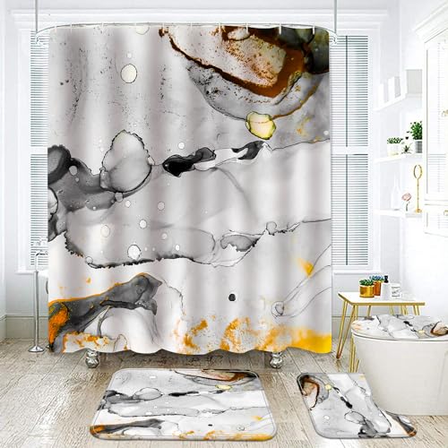 Marble Bathroom Sets with Rugs for Bathroom Decor, 72x72 Inches Gold Shower Curtain with Non-Slip Rugs and Accessories, Waterproof Machine Washable Bath (Curtain Set-Yellow Gray Marble13) - color: Curtain Set-yellow Gray Marble13