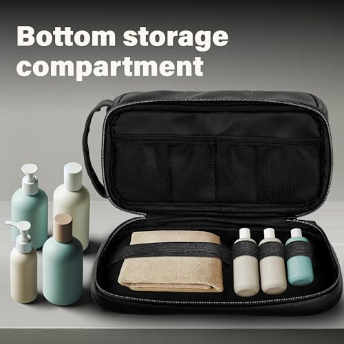 emissary Leather Travel Toiletry Bag for Men, Dopp Kit - Black | Water-resistant leather, large capacity + organizer pockets; refined men's travel Dopp kit, carry-on ready - color: Black