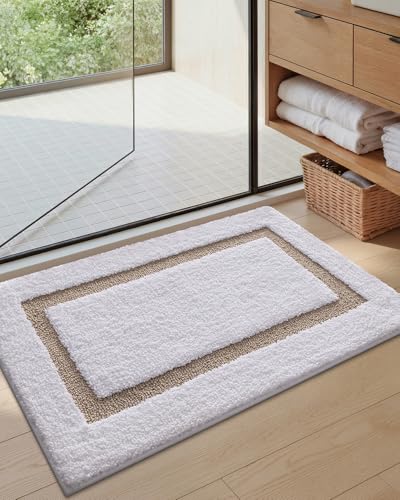 Color&Geometry White Bathroom Rugs 24x16, Extra Soft Absorbent Microfiber Bath Rug, Non-Slip Bathroom mat, Washable Plush Bath Mats for Bathroom, Shower, Bathtub, Laundry, Small, White Khaki - color: B, size: 16"x24"（small）