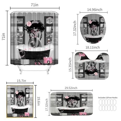 5Pcs Black Girl Shower Curtain Set with Decorative Painting, African American Wall Painting Bathroom Sets with Shower Curtain and Rugs, Trendy Women’s Bathroom Pictures for Wall Art Decor - color: 5pcs Grey With Decor Painting