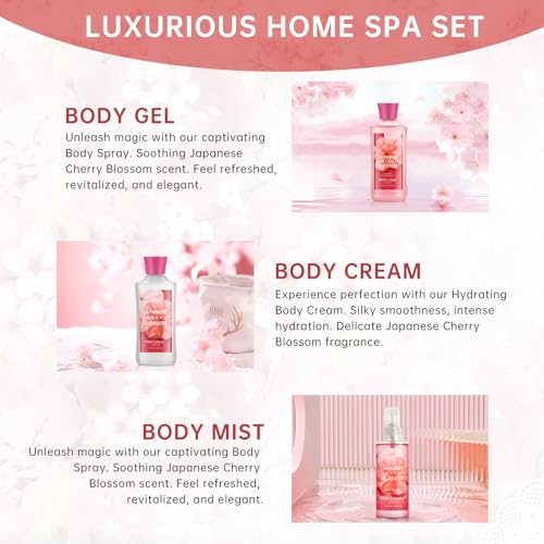 Self Care Gift Set for Women - 3PC Japanese Cherry Blossom Spa Travel Set with Shower Gel, Lotion & Body Mist - Luxury Bath Gift Set for Mother's Day, Birthday, or Anniversary