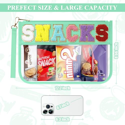 Snack Bag for Travel & Makeup - Clear Chenille Letter Zipper Pouch, Waterproof Cosmetic Tote Bag for Women & Girls (Green) - color: Green