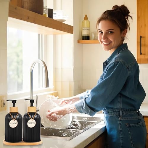2 Pack ViserVita Glass Hand Soap Dispenser Set with Bamboo Pump, Elegant Refillable Liquid Dish Soap Dispenser with Tray, Perfect for Kitchen Sink and Bathroom Decor - color: Black/Black With Tray