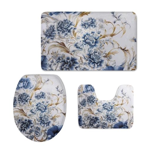 Blue Floral Bathroom Rug Set, Bath Rug +Bathroom Rug + Toilet Seat Cover, Super Soft Microfiber Water Absorbent & Non-Slip Bathroom Rugs with PVC Point Rubber Backing, Machine Washable - color: Blue Floral1