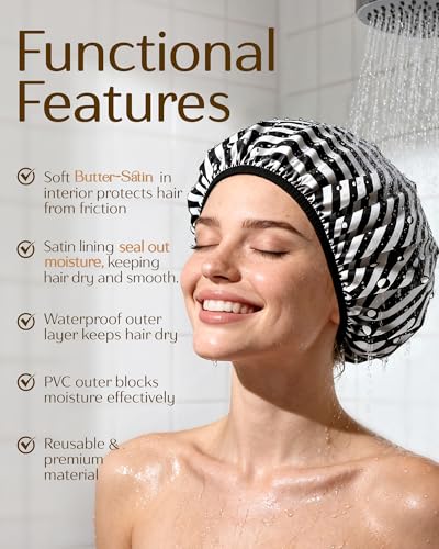 Yanibest Shower Cap for Women - Frizz Free Satin Lined Shower Cap Waterproof Large Double Layer Reusable with Soft Elastic Band for Braids Long Hair - color: Zebra