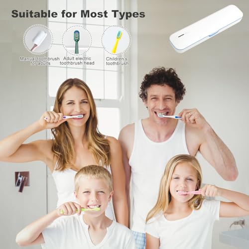 UV Toothbrush Sanitizer and Holder, Portable Travel Case and Cover, Toothbrush Cleaner Powered by AA Battery or USB-C, Fits Most Brushes - color: White-Blue