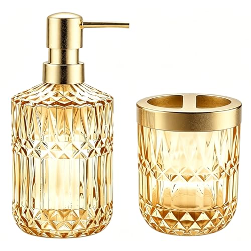 2Pcs Golden Bathroom Accessories Set, Glass Bathroom Accessories, Vintage Bathroom Countertop Decoration Includes Soap Dispenser, Toothbrush Holder - color: Golden, size: 2 Pcs