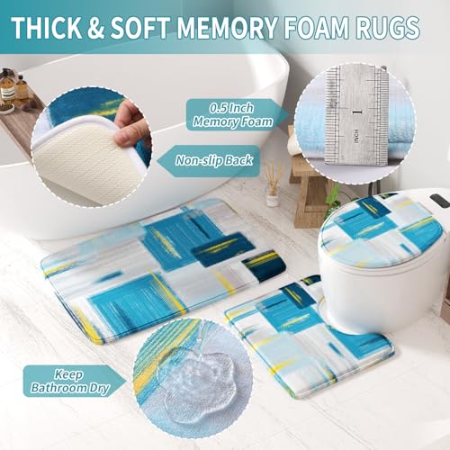 XLHOMO Bathroom Accessories Set - 25PC Bathroom Set with Shower Curtain and Rugs, Teal Blue Bathroom Set, Bathroom Accessory Set with Press-on Lid Trash Can, Soap Dispenser and Qtip Holders - color: Teal Blue & Gold, size: Plaid Complete Set + Bath Rugs