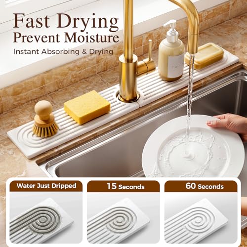 2 Pack Stone Faucet Mat for Kitchen Sink, Absorbing Drying Stone Mat Prevent Moisture, Sink Splash Guard Water,Natural Diatomite Stone Tray for Bathroom Counter 23.6*3.9inch (White+White) - color: White+White