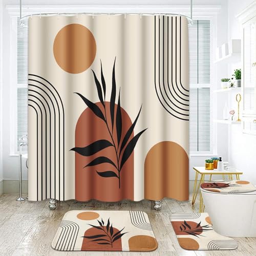 ArtSocket Boho Bathroom Set with Shower Curtain and Rugs Accessories, Mid Century Sun Brown Leaves Modern Shower Curtain for Bathroom Decor 4 Pcs - color: Mid Century 2