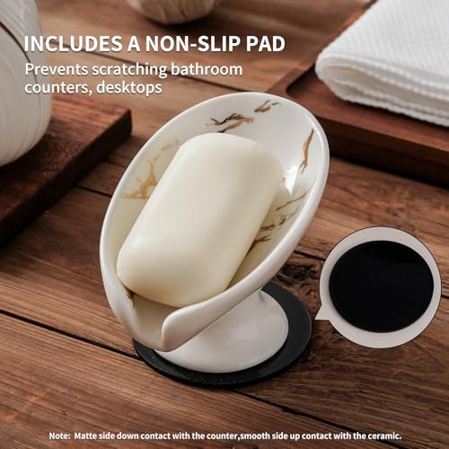 Agyiuns Soap Dish, Soap Holder Self Draining Leaf Shape Soap Dishes，White and Gold Marble Pattern Ceramic Draining Soap Tray for Shower, Bathroom Sink, Kitchen (Small Size-Marble White, 1) - color: Small Size-marble White