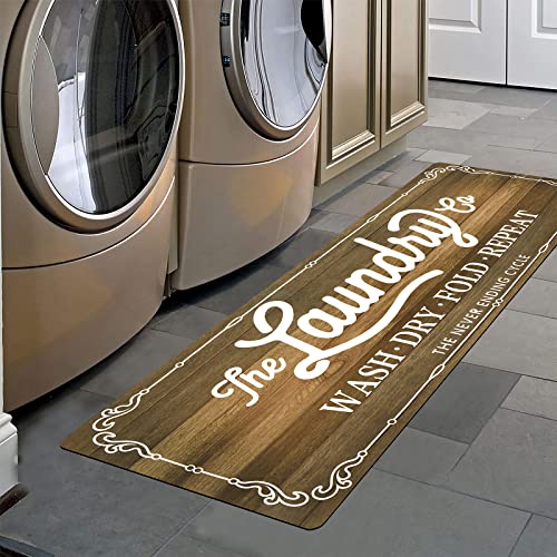 Pauwer Laundry Room Rug Runner 20"x48" Waterproof Rubber Laundry Mat Non Slip Kitchen Mats for Floor Washable Floor Mat Runner Rug for Farmhouse Mudroom Washroom Bathroom Decor - color: Brown, size: 1'8" x 4'