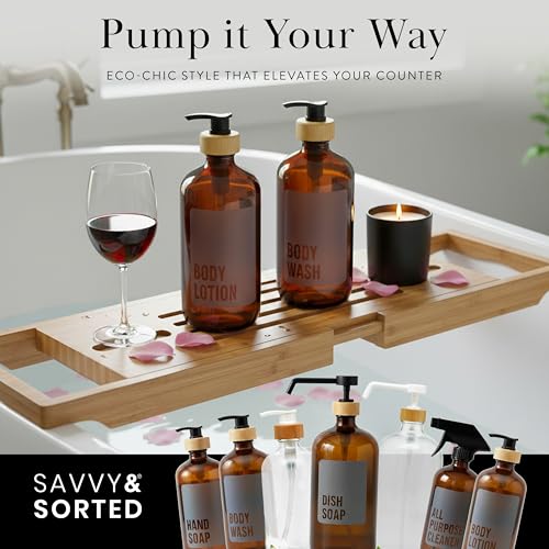 SAVVY & SORTED Amber Glass Body Lotion Dispenser with Pump, Soap Dispenser Bathroom Set, Refillable Glass Lotion Bottle with Label, Matching Soap and Lotion Dispenser Set Available, 17 Fl Oz / 500 ml - color: Amber - Body Lotion 500 Ml