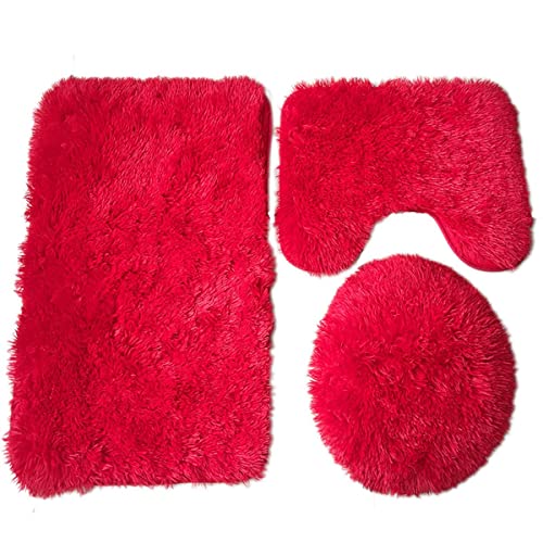 Soft Bathroom Carpet 3 Piece Bathroom Rugs and Mats Set Bath Mats Set with U-Shaped Toilet Floor Mat Rugs andToilet Lid Cover Mat (red) - color: Red