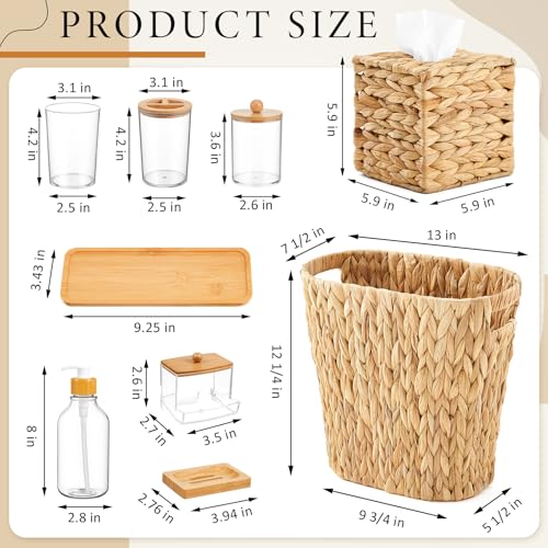 Teenyyou 9-piece Handwoven Wicker Bathroom Set, 15L / 4 Gallon Natural Water Hyacinth Trash Can, Tissue Holder, Soap Dispenser, Toothbrush Cup, Vanity Tray & Storage Jars