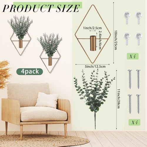 Jexine 4 Pcs Hanging Planters with Artificial Eucalyptus Metal Hanging Vase Indoor Plants Holder Modern Geometric Boho Bathroom Wall Decor for Living Room Home Office (Eucalyptus,Bronze) - color: Antique Copper, size: Eucalyptus