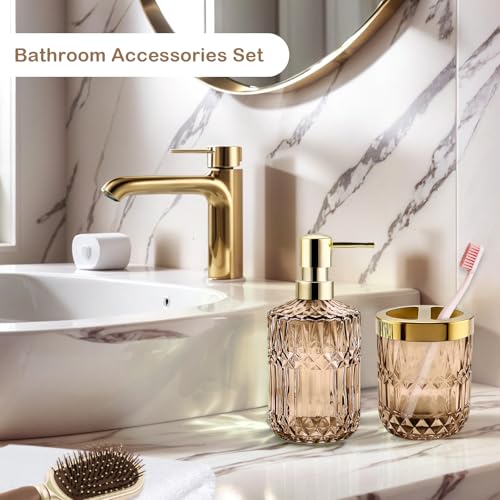 2Pcs Brown Bathroom Accessories Set, Glass Bathroom Accessories, Vintage Bathroom Countertop Decoration Includes Soap Dispenser, Toothbrush Holder - color: Brown, size: 2 Pcs