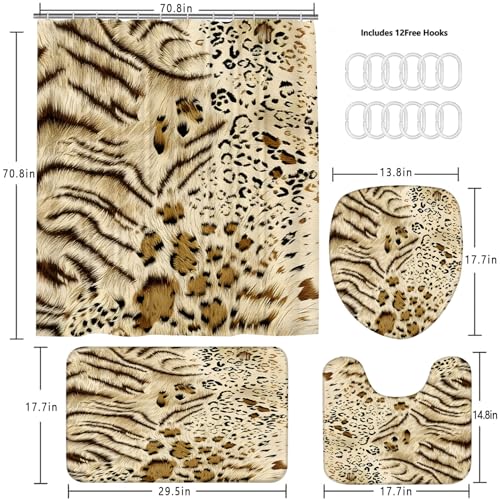 4 Piece Tiger and Leopard Print Shower Curtain Set with Rugs, Exotic Animal Skin Texture Art, Luxury Safari Aesthetic Bathroom Decor, Waterproof Fabric with Non-Slip Mats & Toilet Lid Cover - color: Beige