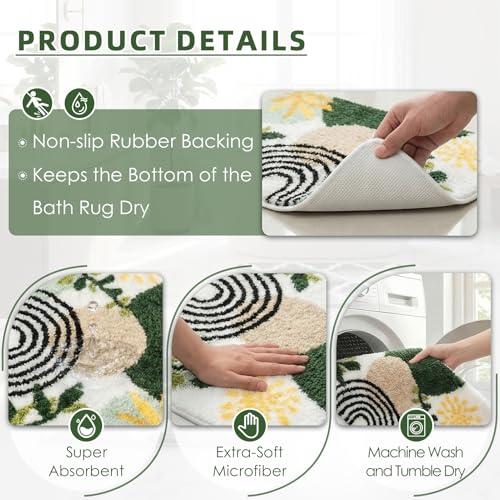 Arttown Boho Abstract Gold Plant Bathroom Rug Set 2 Piece Fluffy Microfiber Non-Slip Water Absorbent Bath Mat Soft Washable Floor Rug for Tub Showers Laundry Room Decor (16"x24"+20"x32") - color: Boho Plant 2