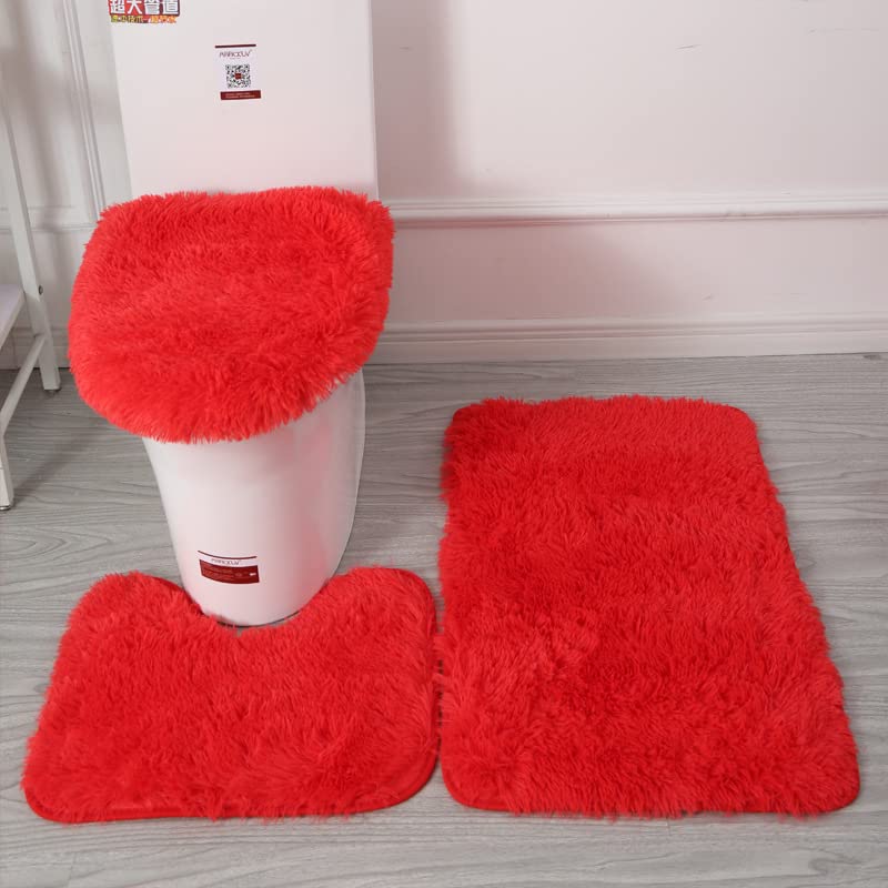 Soft Bathroom Carpet 3 Piece Bathroom Rugs and Mats Set Bath Mats Set with U-Shaped Toilet Floor Mat Rugs andToilet Lid Cover Mat (red) - color: Red