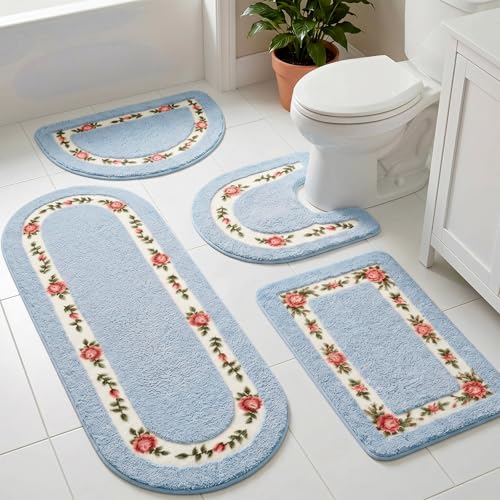 Timgle 4 Pcs Rose Flowers Coquette Bathroom Rugs Set Coquette Decor Rose Flower Area Rugs Non Slip Absorbent Washable Door Mat Floral Bathroom Carpet for Home Hotel, 4 Shapes (Blue) - color: Blue